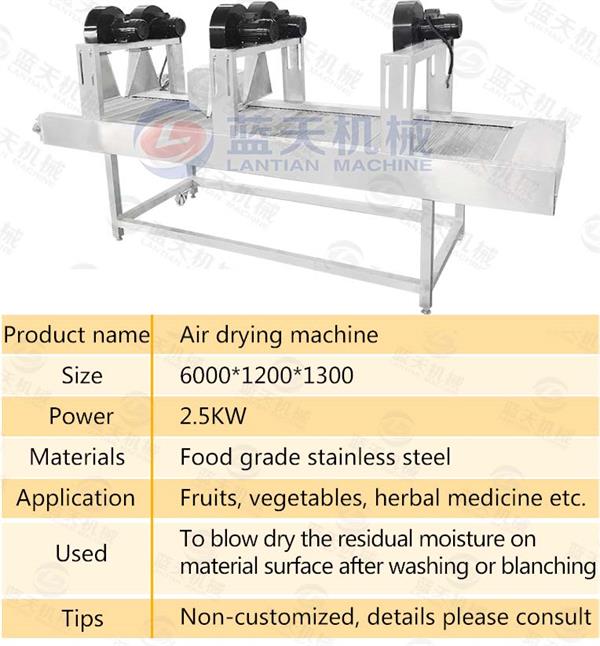 Parameters of air drying machine